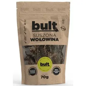 Suņu našķis BULT Eko Dried beef 70 g — vienas sastāvdaļas dehidrēta liellopa gaļa, olbaltumvielas 67,2%, tauki 15,7%