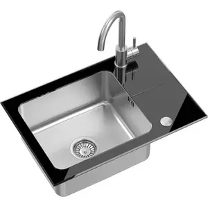 Kitchen sink Steiner HUGH 116 single stainless steel bowl with black glass countertop (640x440/R35) with siphon and cover + KATE SteelQ stainless steel brushed tap