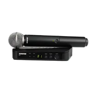 Bezvadu skatuves mikrofona sistēma Shure BLX24E/SM58 ar SM58 rokā turamu mikrofonu, 518–542 MHz, līdz 100 m, XLR un 6,35 mm izejas, bateriju barošana