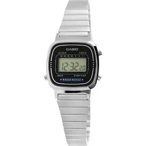Rokas pulkstenis CASIO LA670WA-1DF — sieviešu digitālais retro pulkstenis, nerūsējošā tērauda aproce, ūdensizturība, modinātājs, hronometrs, datums