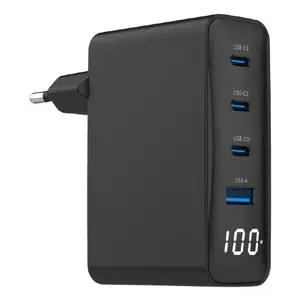 Сетевой зарядный блок Gembird TA-UC-PDQC100LCD-01-BK — 100 Вт, 3× USB-C + 1× USB-A, PD, вход 100–230 В, чёрный