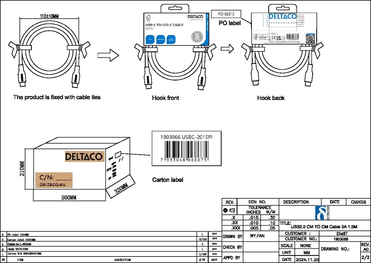 DELTACO USB-C cable USBC-2015P 1.5m Photo 8