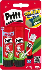 Glue stick Pritt 2×22 g with eraser, pack of 6 – adhesive stick 22g each