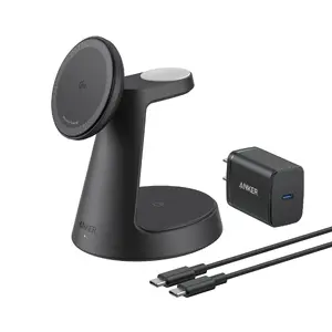 Bezvadu uzlādes stacija Anker MagGo B25M4G11 austiņām, viedtālrunim un viedpulkstenim, USB, ātrā uzlāde, melna