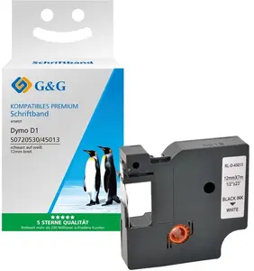 Etiķešu lente G G 12 mm x 7 m saderīga ar Dymo D1 45013 — melns uz balta