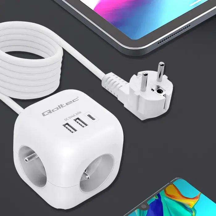 Power Cube QOLTEC 52547 — 3×AC, USB-C PD 20W Photo 4