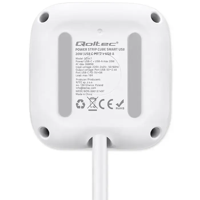 Power Cube QOLTEC 52547 — 3×AC, USB-C PD 20W Photo 9