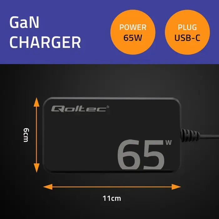 QOLTEC 65W GaN Super Fast SLIM USB-C lādētājs Photo 2