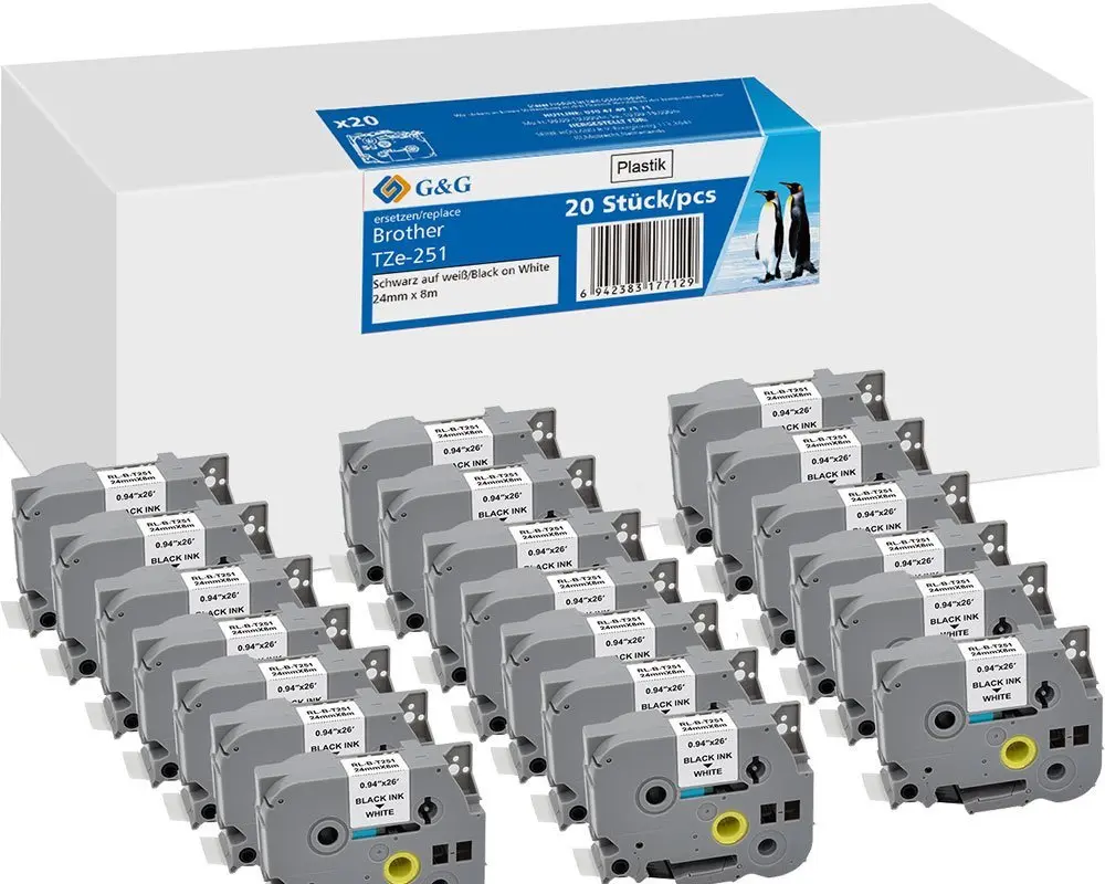 Etikešu lente G&G RL-B-T251P-BK/WT20packs 24mm x