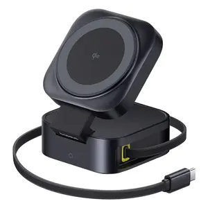 Bezvadu magnētiskais lādētājs PicoGo Qi2 15 W ar ievelkamu USB-C kabeli 67 W, melns