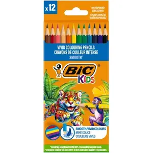 Цветные карандаши BIC 525786 набор 12 цветов, гладкий стержень для рисования и раскрашивания