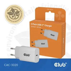 USB‑C Charger 2‑Pack CLUB3D CAC-3020, 30W total, White