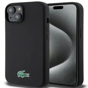 Aizmugures aizsargmaciņš Lacoste iPhone 15 — šķidrā silikona, mikrošķiedras oderējums, melns