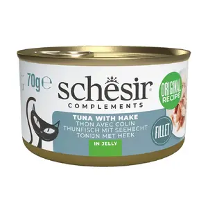 Влажный корм для кошек Agras Pet Foods SCHESIR Complements Тунец с мерлузой в желе 70 г — дополнительный влажный корм, 70 г, 86% влаги, 12% белка