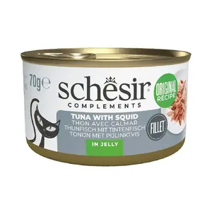 Влажный корм для кошек Agras Pet Foods SCHESIR Complements Тунец с кальмарами в желе 70 г, дополнительный корм, 12.5% белка, 85% влажность