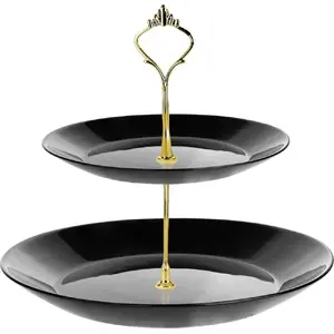 2-Tier Fruit Shelf Prymus-AGD SONIA Black Glass, opal glass plates Ø19cm & Ø24cm, plastic frame