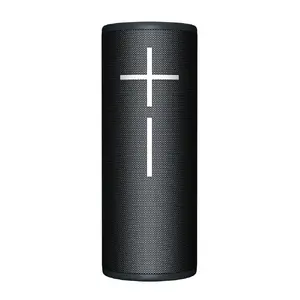 Portatīvā stereo skaļrunis Ultimate Ears MEGABOOM 4 — cilindrisks dizains, bezvadu Bluetooth, darbības rādiuss 45 m, pasīvais radiators 55×86 mm, melns