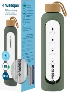 Stikla ūdens pudele wessper Wessper B1 borosilikāta 500 ml ar mērījuma atzīmēm un olīvu aizsargvāciņu