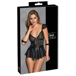 Babydoll bondage set Cottelli Collection 27417681051 — black lace, matte-look skirt, underwired cups, crotchless string, soft adjustable handcuffs
