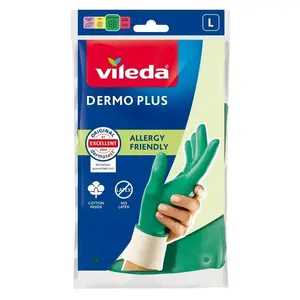 Household cleaning gloves VILEDA Dermo Plus L, nitrile, latex-free, reinforced fingertips, non-slip surface, green, pack of 2