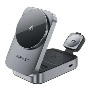Wireless charging holder Acefast E22 Desktop 3-in-1 — metal grey, wireless charging stand for phone, earbuds, smartwatch