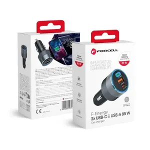 Car charger FORCELL F-Energy Alu — 2× Type‑C + 1× USB‑A, PD & QC4.0/SFC 2.0, 4.5A, 85W