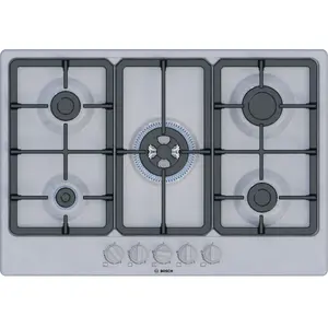 Gas hob Bosch Serie 4 PGQ7B5K90, 5-zone stainless steel, 75 cm, rotary controls, cast-iron pan supports
