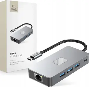 USB‑хаб Tech-Protect HB05 9в1 — USB‑C, USB 3.0, USB 2.0, HDMI 4K@60Гц, SD/TF, PD 100W, RJ45 1Гбит/с, тёмно‑серый