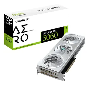 Видеокарта GIGABYTE GeForce RTX 5060 AERO OC 8G с 8 ГБ GDDR7, частотой процессора 2595 МГц, PCI Express 5.0, 128-битной шиной памяти и системой активного охлаждения из трех вентиляторов