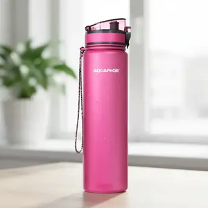 Filtru pudele Aquaphor City 1000 ml (rozā) — pārnēsājama ūdens pudele ar maināmu 150 L filtru, noņem hloru un smagos metālus