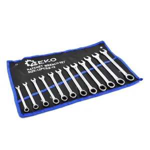 Combination wrench set GEKO G10343, 12-piece double-ended ratchet, sizes 8–19 mm