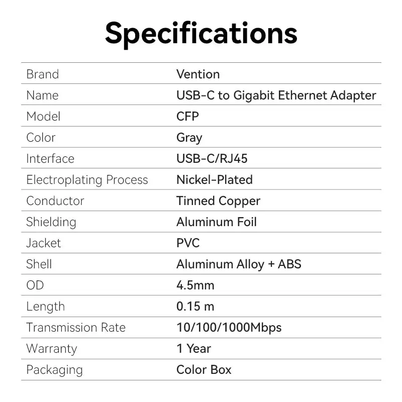 Vention CFP USB-C на Gigabit Ethernet адаптер Photo 2