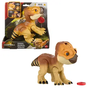 MATTEL Jurassic World Rebirth Primal Protector Aquilops Dolores Interaktīva dinozaura rotaļlieta ar uzbrukuma funkcijām un skaņām brūna plastmasa
