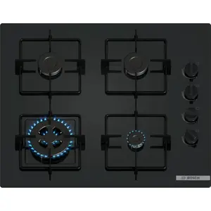 Gas hob Bosch POH6B6K30, 4 cooking zones, tempered glass top, mechanical rotary controls