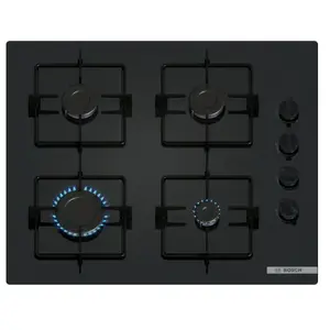Встраиваемая газовая варочная панель Bosch Serie 2 POP6B6K30 60 см, 4 газовые зоны, чёрное закалённое стекло, поворотные ручки