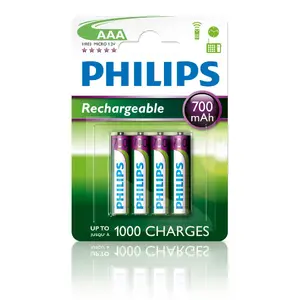Перезаряжаемые батареи AAA NiMH Philips R03B4A70/10 — 4 шт., 1.2 В, тип. ёмкость 1100–1200 мА·ч
