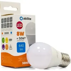 LED spuldze ABILITE G45 8W E27 230V 640lm silti balta matēta