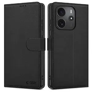 Phone wallet Tech‑Protect for Xiaomi Redmi Note 14, matte black, protective folio case with card slot
