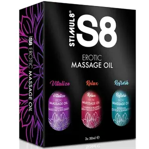 Masāžas eļļa STIMUL8 S8 3 x 50 ml – komplekts: trīs 50 ml pudelītes