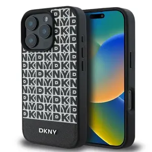 DKNY iPhone 16 Pro Case PU Leather Repeat Pattern Bottom Stripe MagSafe Black