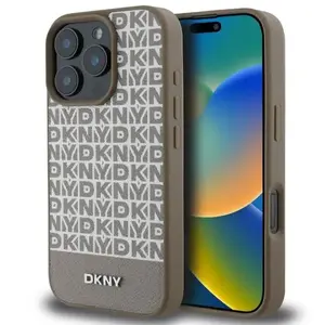 DKNY Apple iPhone 16 Pro Max Phone Case PU Leather Repeat Pattern Bottom Stripe MagSafe Brown