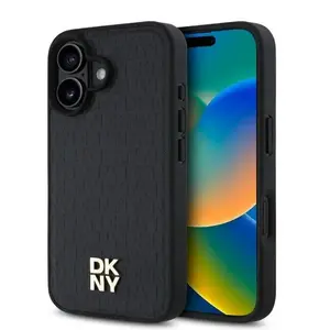 DKNY Apple iPhone 16 Plus PU Leather MagSafe Case Black Repeat Pattern Stack Logo