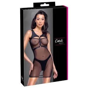 Ночная мини-платье и стринги cottelli collection M — чёрная сетка из кружева с матовым нагрудным ремнём, размер M