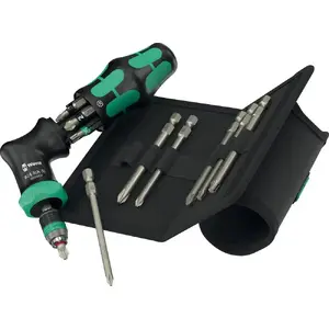 Ratchet screwdriver Wera Kraftform Kompakt Pistol RA‑R 2 with 13 bits, compact ratcheting pistol‑grip design