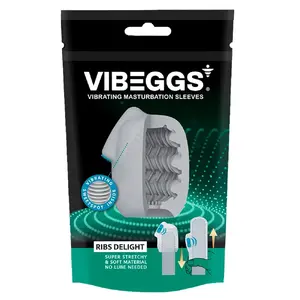 Masturbator Vibeggs Silicone Black — unisex vibrating sleeve, stretchy TPE, battery-powered, total length 7–18 cm, weight 50 g