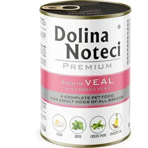 Mitrs suņu barība Dolina Noteci Premium ar teļa gaļu un zaļajiem zirnīšiem 400 g, pieaugušiem, 12% proteīna, 6.5% tauku