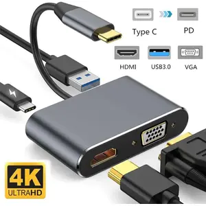 USB-C 4in1 adapters Riff RF-4IN1-CONV — PD uzlāde, HDMI, VGA, USB 3.0