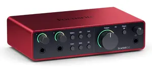Audio interfeiss Focusrite Scarlett 2i2 4. paaudze — 2 in/2 out USB‑C, 24‑bit/192 kHz, priekšpastiprinātāji 69 dB, galda, melns/sarkans