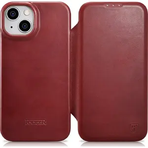 Folio Case ICARER CE Oil Wax Premium Leather for iPhone 14 Plus — Magnetic, Red