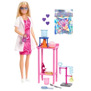 MATTEL Barbie Zinātniece modes lelle JCR70 ar gaišiem matiem laboratorijas galdu un krāsu mainošiem aksesuāriem bērniem no 3 gadu vecuma